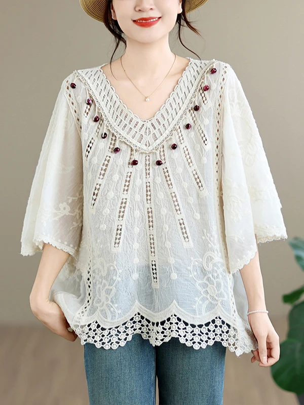 Lace Splicing V-Neck Hollow out Light Weight Loose Women's Shirt Summer New Style Floral Embroidery Breathable Lace Patchwork
Lace Splicing V-Neck Hollow out Light Weight Loose Women's Shirt Summer New Style Floral Embroidery Breathable Lace Patchwork