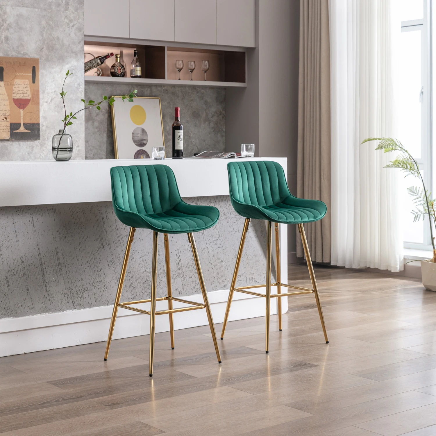 30 inch Set of 2 Bar Stools,with Chrome Footrest Velvet Fabric Counter Stool Golden Leg Simple High Bar Stool,GREEN
30 inch Set of 2 Bar Stools,with Chrome Footrest Velvet Fabric Counter Stool Golden Leg Simple High Bar Stool,GREEN