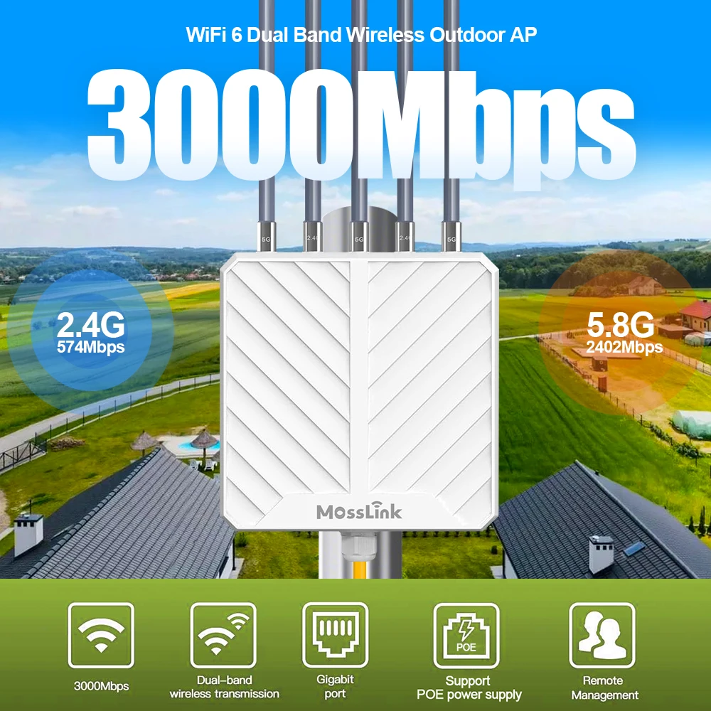 Mosslink High Power AX3000 WiFi6 Outdoor WiFi Extender Signal Booster Waterproof Long Range WiFi Antennas Wireless Access Point
Mosslink High Power AX3000 WiFi6 Outdoor WiFi Extender Signal Booster Waterproof Long Range WiFi Antennas Wireless Access Point