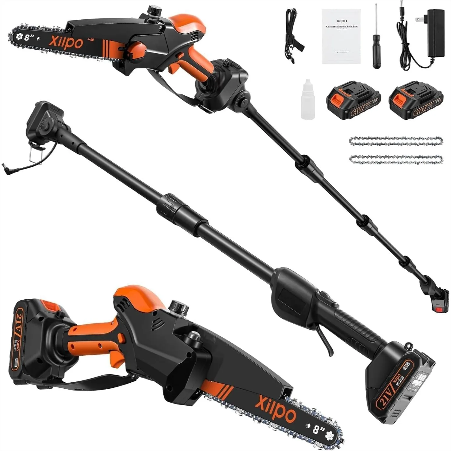 2-in-1 Cordless Electric Pole Saw & 8 Inch Mini Chainsaw, 15FT Max Reach, Adjustable Head, 2×21V Batteries, Auto Lubrication
2-in-1 Cordless Electric Pole Saw & 8 Inch Mini Chainsaw, 15FT Max Reach, Adjustable Head, 2×21V Batteries, Auto Lubrication