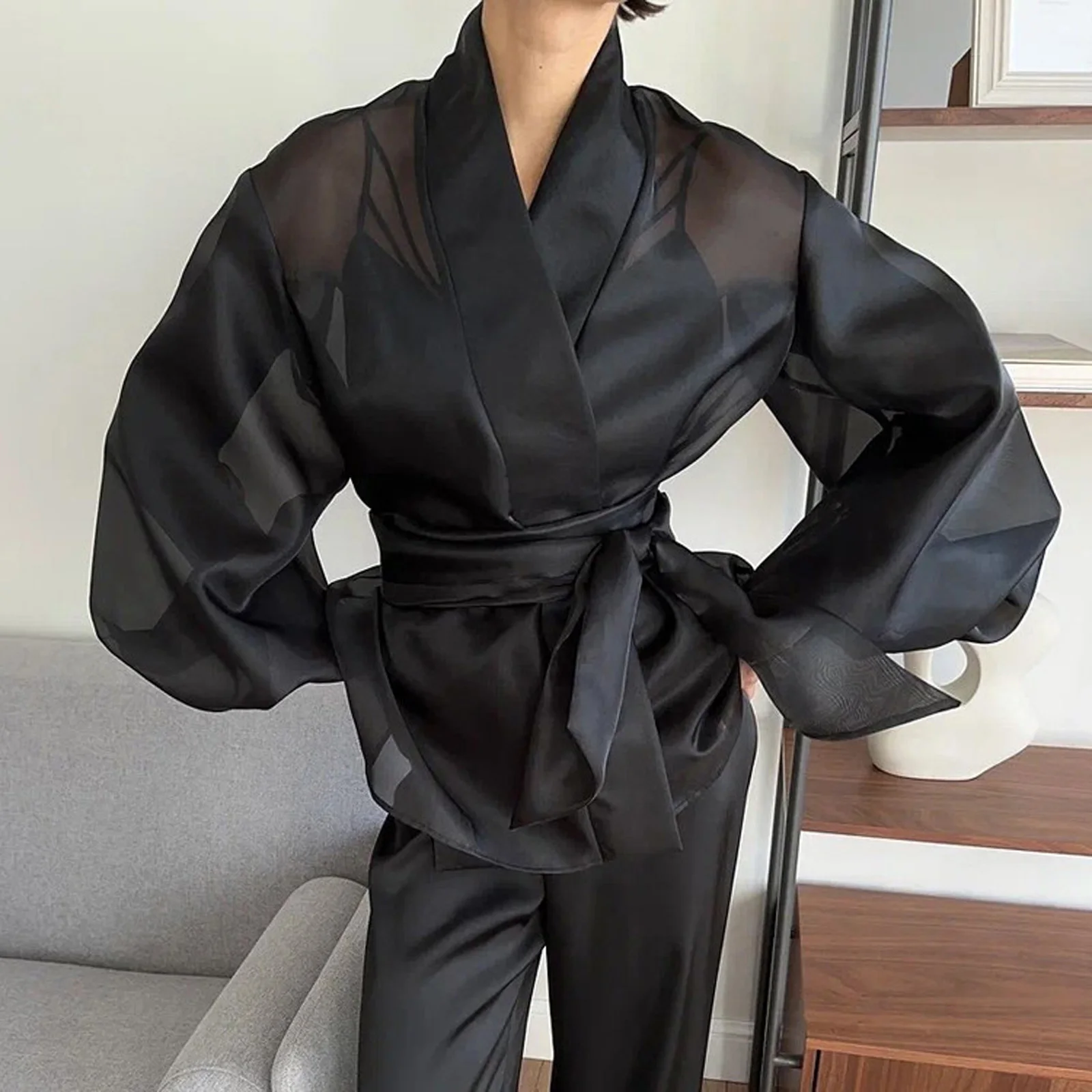 Black Sheer Lace Up Top Women V-Neck Puff Sleeve Shirt Casual Loose Elegant Commuting Office Y2K Female Clothing
Black Sheer Lace Up Top Women V-Neck Puff Sleeve Shirt Casual Loose Elegant Commuting Office Y2K Female Clothing