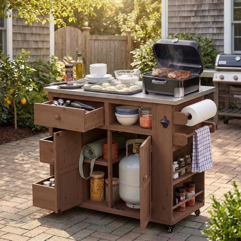 Outdoor Wooden Kitchen Island with Stainless Steel Top, Extendable 19.3'' to 28'', Side Spice Rack, Drawers, Storage Cabinet for Backyard BBQ Party, Brown
Outdoor Wooden Kitchen Island with Stainless Steel Top, Extendable 19.3'' to 28'', Side Spice Rack, Drawers, Storage Cabinet for Backyard BBQ Party, Brown
