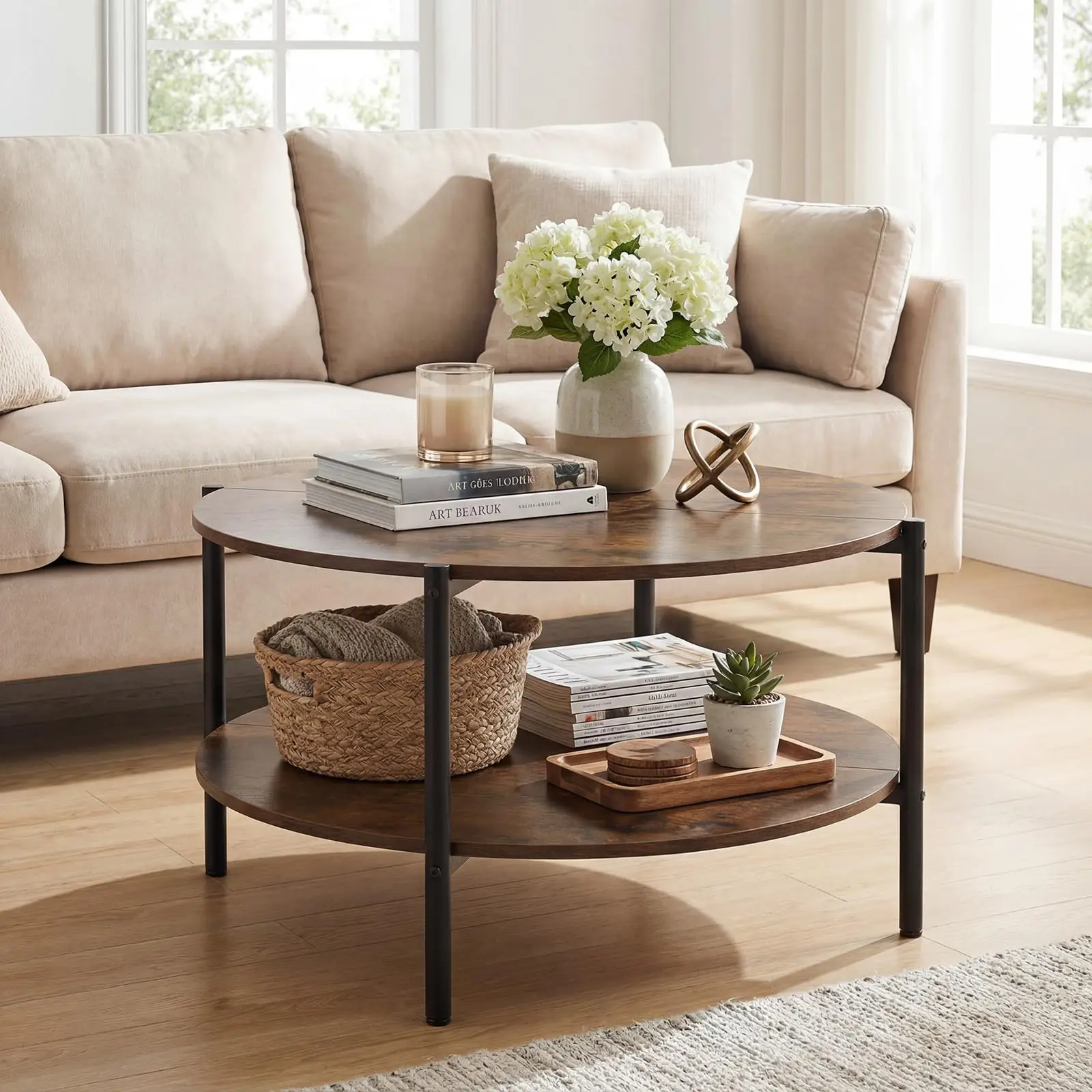 Rustic Brown Two-Tier Round Coffee Table With Open Shelf, 33.5 Inch Wood Top And Metal Legs For Living Room Small Spaces
Rustic Brown Two-Tier Round Coffee Table With Open Shelf, 33.5 Inch Wood Top And Metal Legs For Living Room Small Spaces
