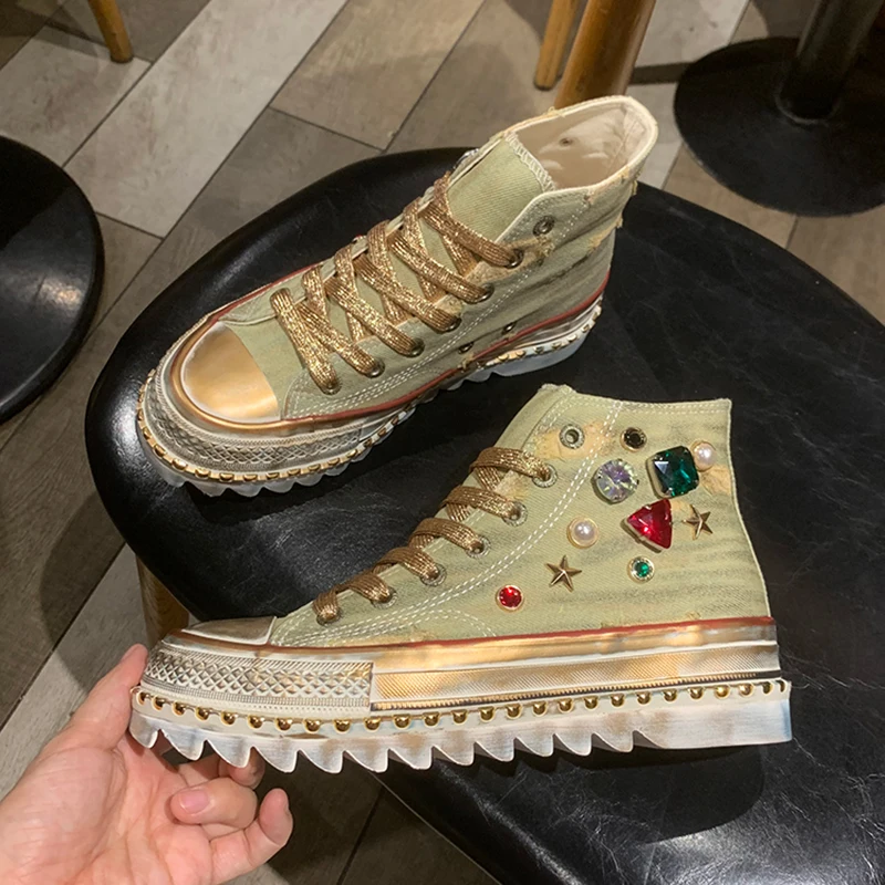 4CM Washed Denim Fabric With Diamond High Top Canvas Shoes Sneakers Lace-up Comfortable Shoes Outdoor Multi-functional Shoes
4CM Washed Denim Fabric With Diamond High Top Canvas Shoes Sneakers Lace-up Comfortable Shoes Outdoor Multi-functional Shoes