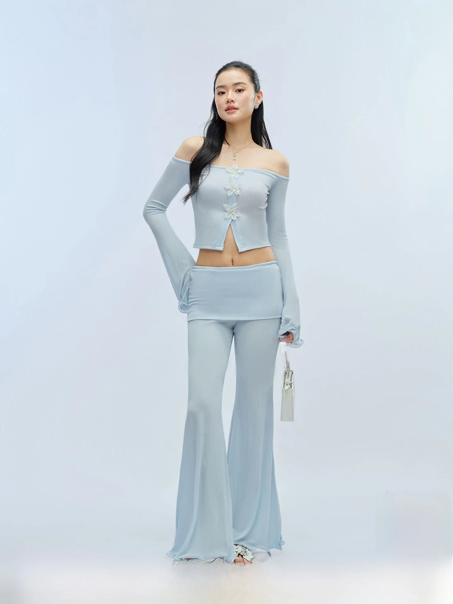 J TheChosen Blue Mist Bell Sleeve Knitted Top Wide Leg Pants Two Piece Set Women's Fashion Spring Collection Low Waist
J TheChosen Blue Mist Bell Sleeve Knitted Top Wide Leg Pants Two Piece Set Women's Fashion Spring Collection Low Waist