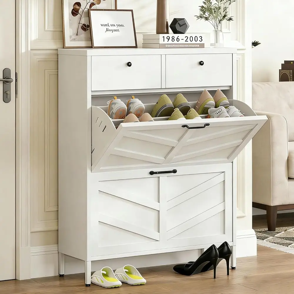 Wall-Mounted Slim Shoe Storage Cabinet with 2 Lip Shelves and 2 Drawers for Entryways, Hallways, and Balconies in White
Wall-Mounted Slim Shoe Storage Cabinet with 2 Lip Shelves and 2 Drawers for Entryways, Hallways, and Balconies in White