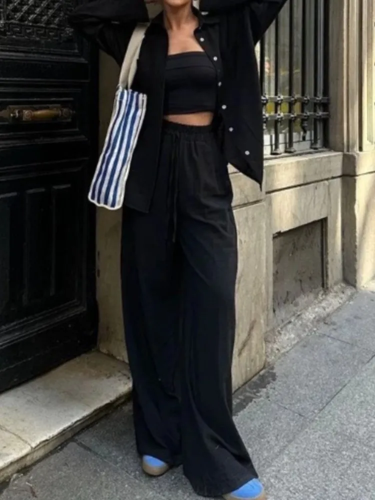 Casual Cotton And Linen Simple Solid Color Shirt Drawstring Wide-leg Trousers Two-piece Set Women's Elegant Commuting Pants Set
Casual Cotton And Linen Simple Solid Color Shirt Drawstring Wide-leg Trousers Two-piece Set Women's Elegant Commuting Pants Set