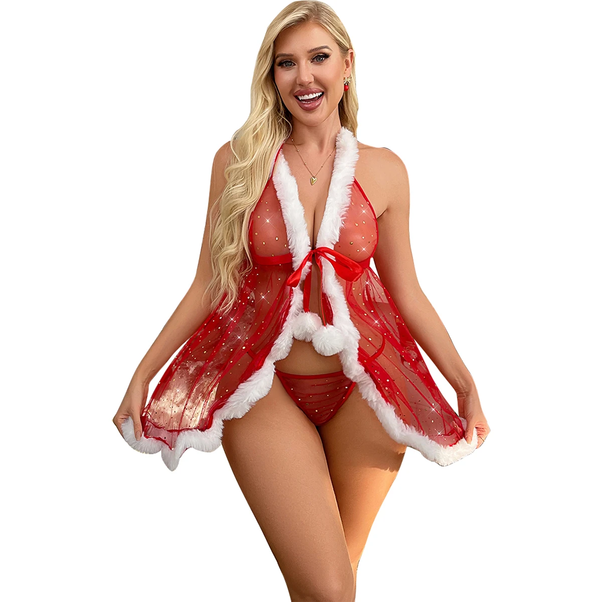 Women Christmas Sexy Lingerie Sparkling Mesh Nightdress Thong Pajamas Set Semi-Transparent Erotic Costumes Female Babydoll Dress
Women Christmas Sexy Lingerie Sparkling Mesh Nightdress Thong Pajamas Set Semi-Transparent Erotic Costumes Female Babydoll Dress