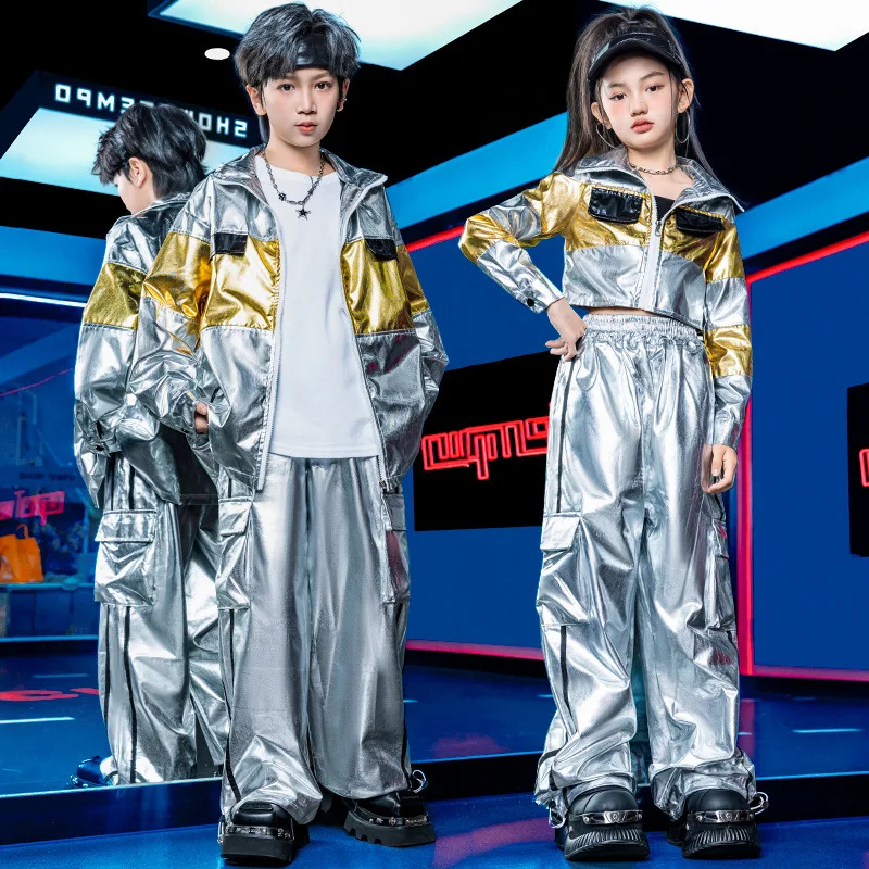 Kids Boys Girls Silver Leather Jacket Pant Suits Hip Hop Performance Clothes Children Coat Trousers Sets Dance Team Costume
Kids Boys Girls Silver Leather Jacket Pant Suits Hip Hop Performance Clothes Children Coat Trousers Sets Dance Team Costume