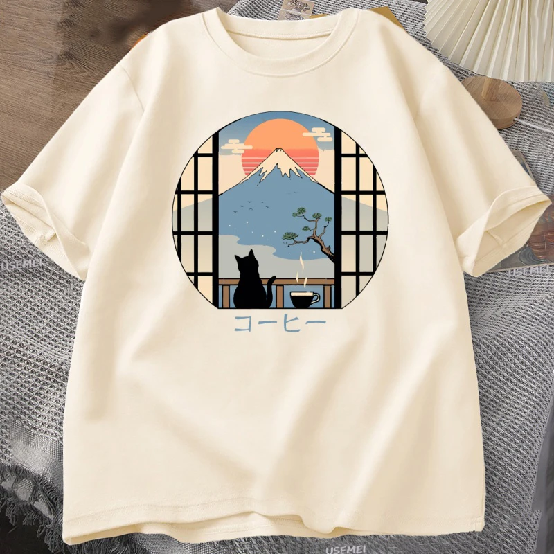 Coffee Cat in Mt Fuji T-shirt Men Women Round Neck Short Sleeve Tshirt Japanese Style Printed T-Shirt Cotton Oversized Tops
Coffee Cat in Mt Fuji T-shirt Men Women Round Neck Short Sleeve Tshirt Japanese Style Printed T-Shirt Cotton Oversized Tops
