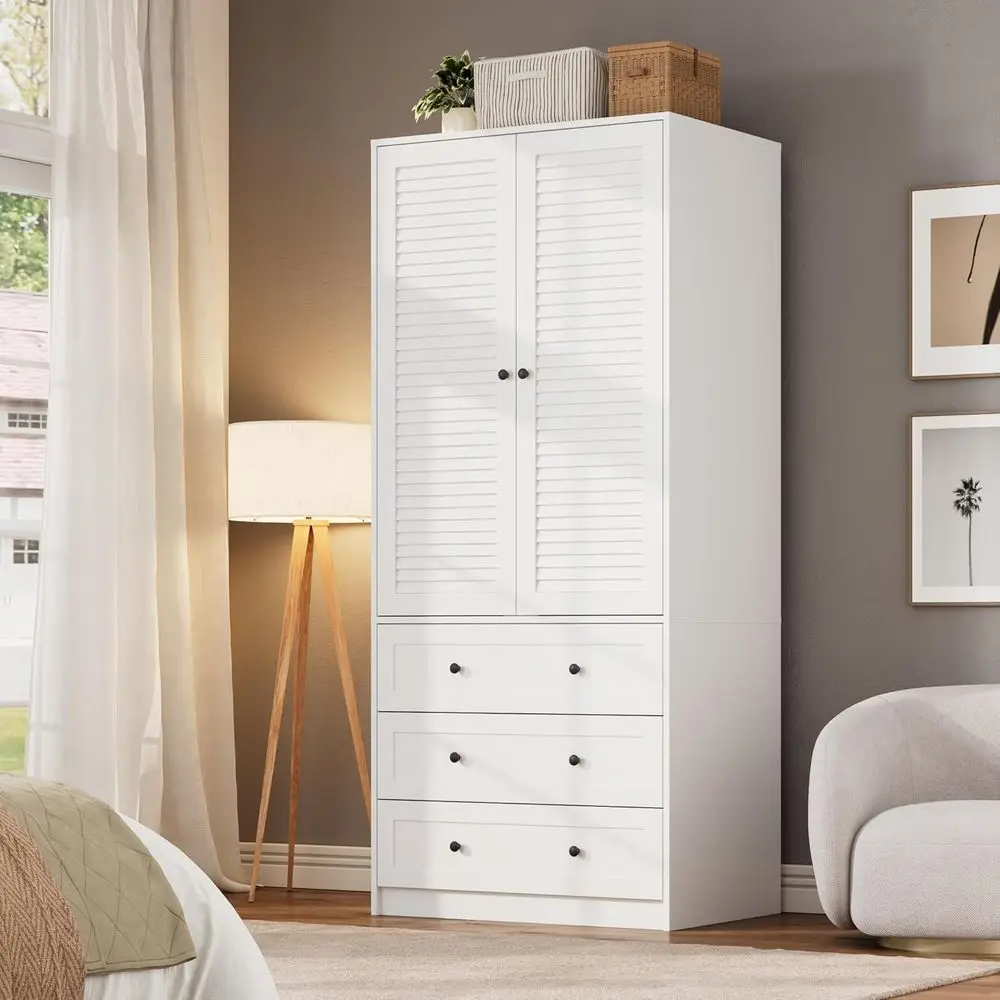 69.5 Wooden Louvered Door Wardrobe Closet with Hanging Rod for Bedroom Storage
69.5 Wooden Louvered Door Wardrobe Closet with Hanging Rod for Bedroom Storage