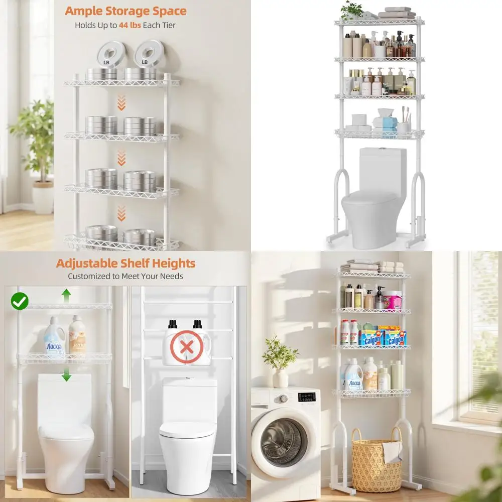 4-Tier Over Toilet Storage Rack, Adjustable Shelving & Basket, Rust-Resistant Metal Organizer for Small Bathroom Spaces, White
4-Tier Over Toilet Storage Rack, Adjustable Shelving & Basket, Rust-Resistant Metal Organizer for Small Bathroom Spaces, White