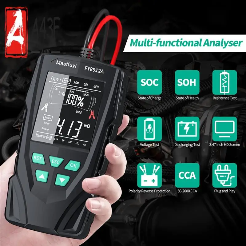 A43F-Car Battery Tester 12V/24V Battery System Analyzer 50-2000CCA Battery Health Display Comprehensive Diagnostic Test Tool
A43F-Car Battery Tester 12V/24V Battery System Analyzer 50-2000CCA Battery Health Display Comprehensive Diagnostic Test Tool
