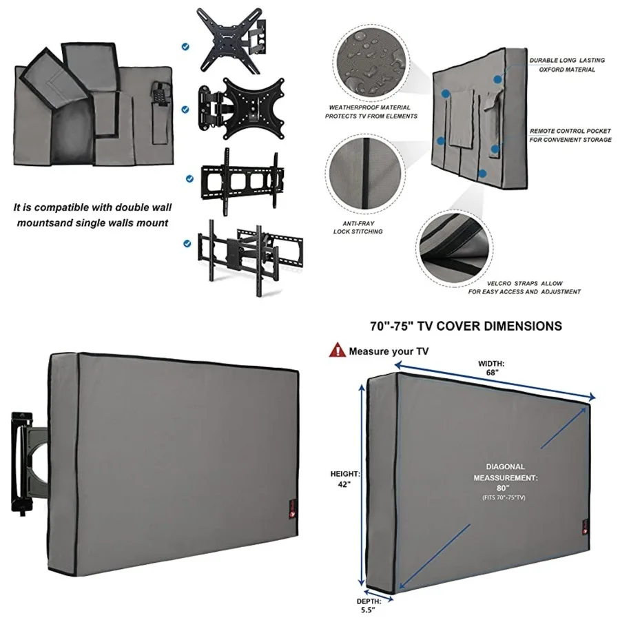 Outdoor TV Cover 70 to 75 ch Weatherproof, Cover Size 68''L x 42''H, Waterproof for Outside Flat Screen 70 to 75 ch TV,,600D Th
Outdoor TV Cover 70 to 75 ch Weatherproof, Cover Size 68''L x 42''H, Waterproof for Outside Flat Screen 70 to 75 ch TV,,600D Th