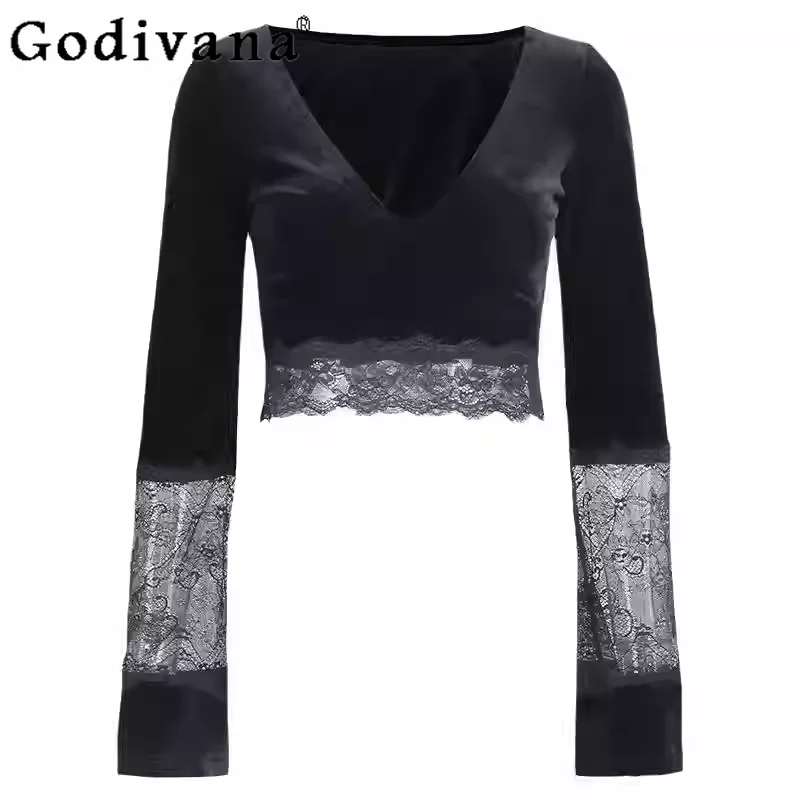 Кружевная бархатная сексуальная футболка с v-образным вырезом и длинным рукавом, весна-осень, модный тонкий короткий топ на Хэллоуин
Кружевная бархатная сексуальная футболка с v-образным вырезом и длинным рукавом, весна-осень, модный тонкий короткий топ на Хэллоуин