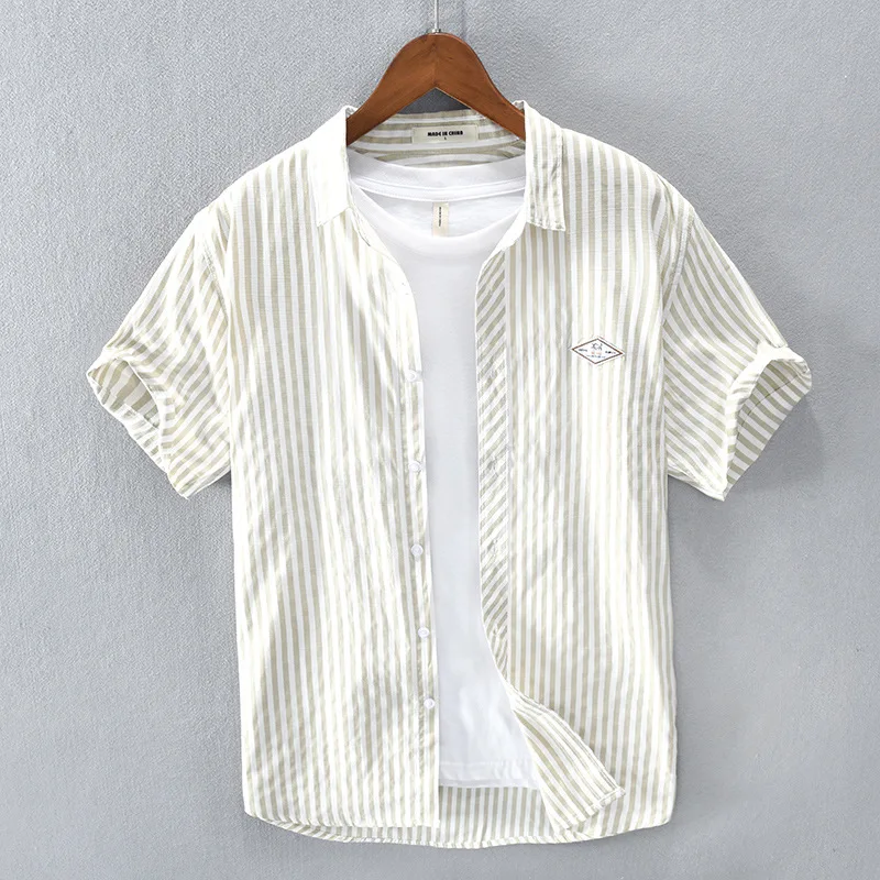 High Quality Men's Striped Shirt Short Sleeved Lapel Casual Loose Top 2025 Summer Thin cotton Shirts Youth Clothing Streetwear
High Quality Men's Striped Shirt Short Sleeved Lapel Casual Loose Top 2025 Summer Thin cotton Shirts Youth Clothing Streetwear