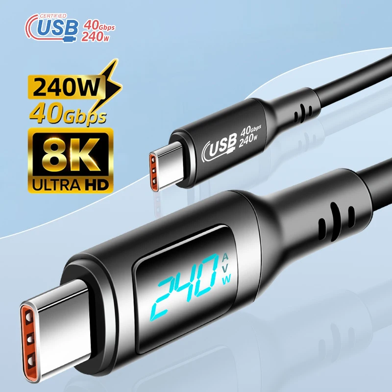 PD 240 Вт Сверхбыстрая зарядка типа C к кабелю USB C Светодиодный цифровой дисплей 8K при 60 Гц 40 Гбит/с Тип-C Провод для передачи данных для iPhone 15 Pro iPad
PD 240 Вт Сверхбыстрая зарядка типа C к кабелю USB C Светодиодный цифровой дисплей 8K при 60 Гц 40 Гбит/с Тип-C Провод для передачи данных для iPhone 15 Pro iPad