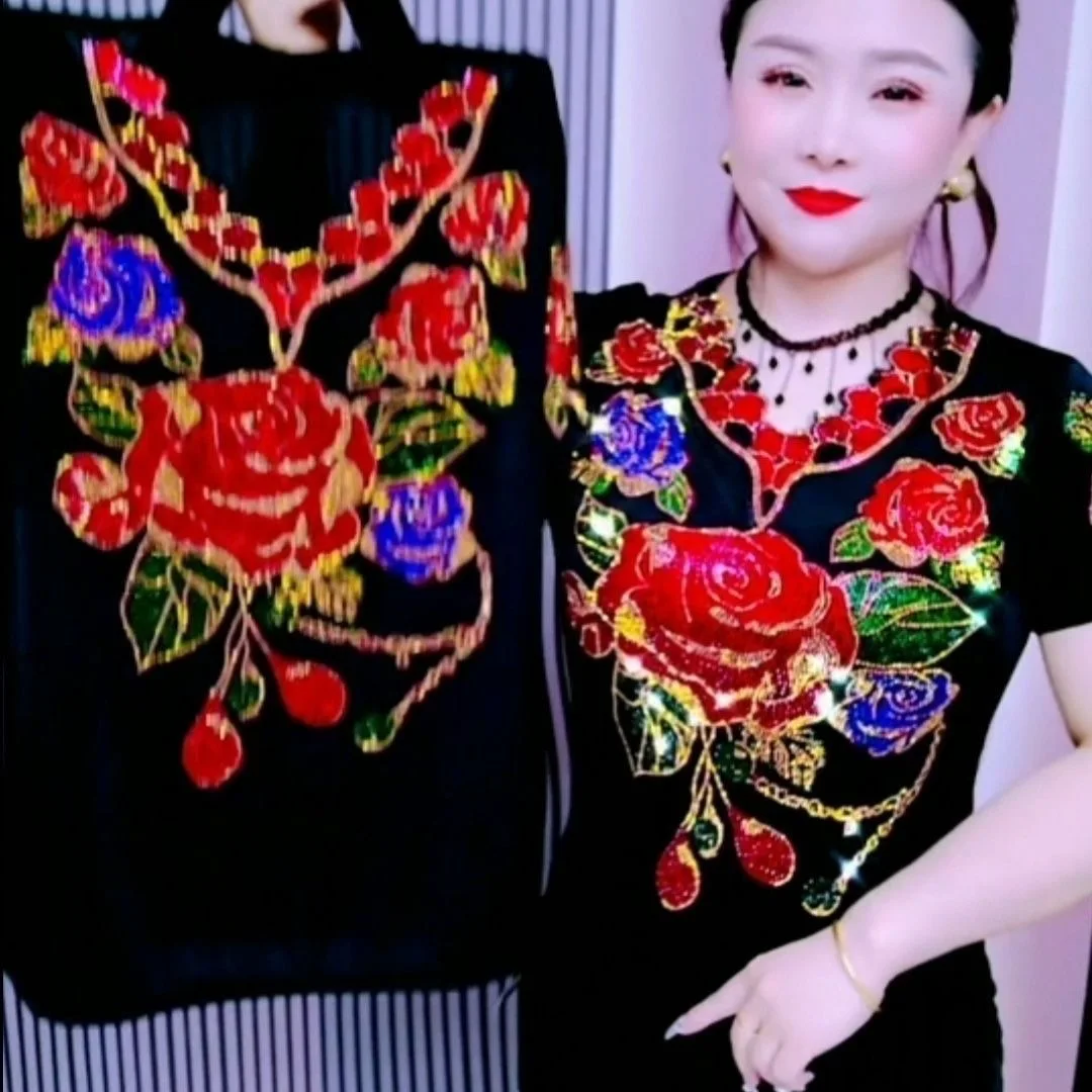 Women's Floral Embroidery T-Shirt Summer Beaded Short Sleeve Top 2025 Fashion Casual Tees for Ladies
Women's Floral Embroidery T-Shirt Summer Beaded Short Sleeve Top 2025 Fashion Casual Tees for Ladies