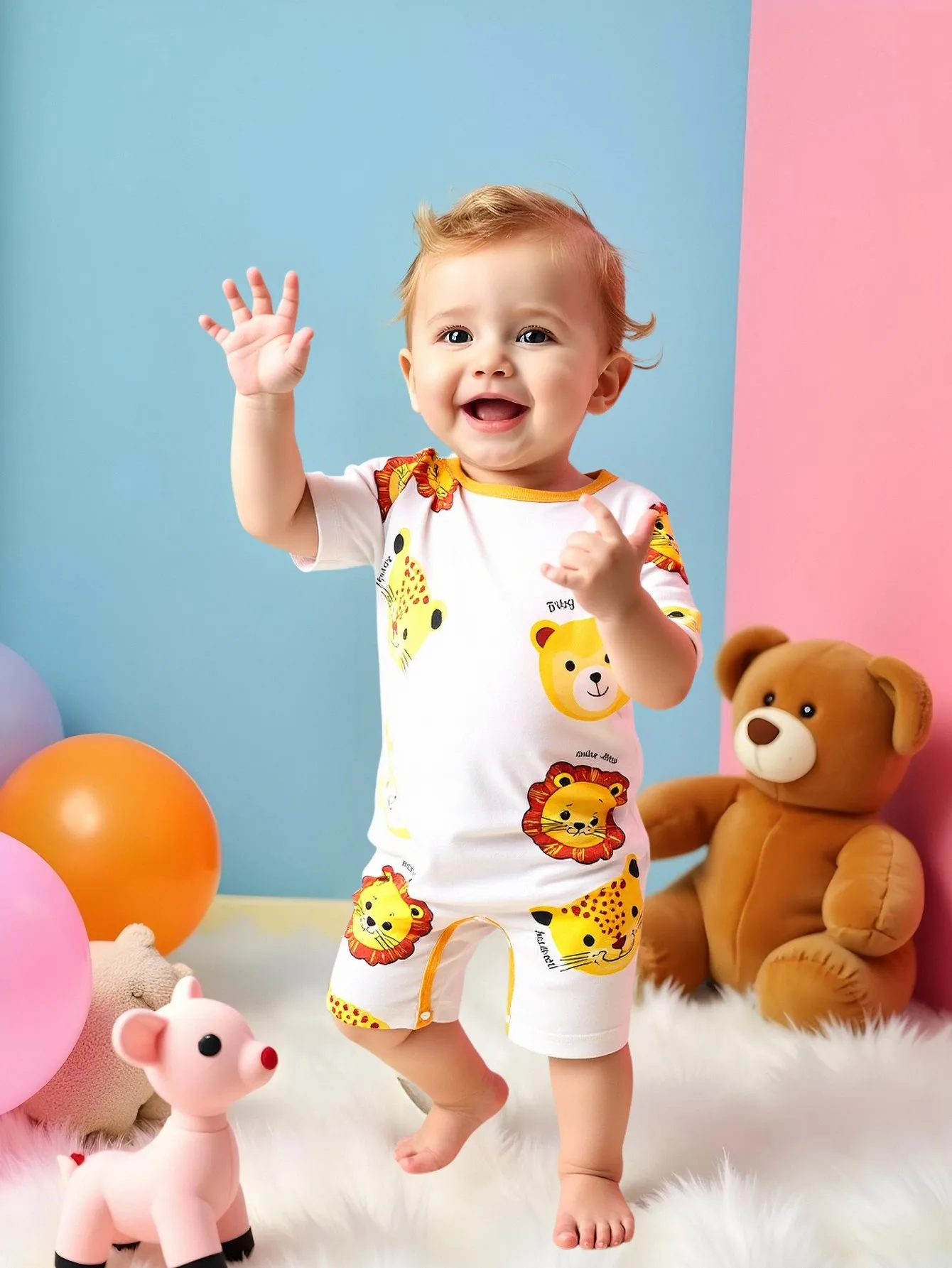 3-piece set for baby boys, fashionable and cute cartoon animal print short-sleeved shorts with round neck in summer.
3-piece set for baby boys, fashionable and cute cartoon animal print short-sleeved shorts with round neck in summer.