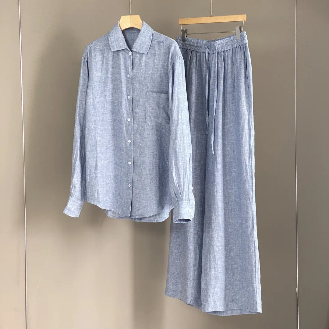 25 Spring and Summer New Casual suit Blue Polo Collar Long Sleeve Shirt suit Pants for Women
25 Spring and Summer New Casual suit Blue Polo Collar Long Sleeve Shirt suit Pants for Women