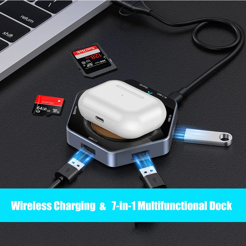 Многопортовая док-станция для ноутбука HUB и поддержка беспроводной зарядки 15 Вт Универсальный мультиразъем USB-концентратор Высокоскоростное устройство чтения карт
Многопортовая док-станция для ноутбука HUB и поддержка беспроводной зарядки 15 Вт Универсальный мультиразъем USB-концентратор Высокоскоростное устройство чтения карт