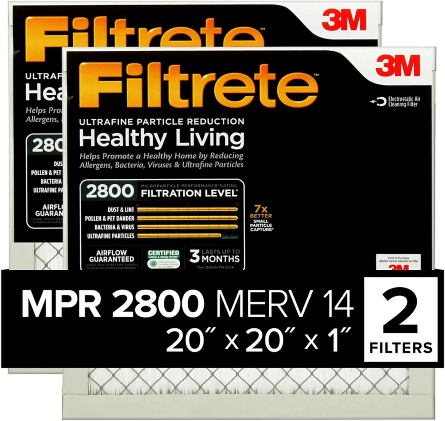 20x20x1 MERV 14 Air Filter, MPR 2800, Ultrafine Particle Reduction, 3-Month Pleated, Pack of 2
20x20x1 MERV 14 Air Filter, MPR 2800, Ultrafine Particle Reduction, 3-Month Pleated, Pack of 2