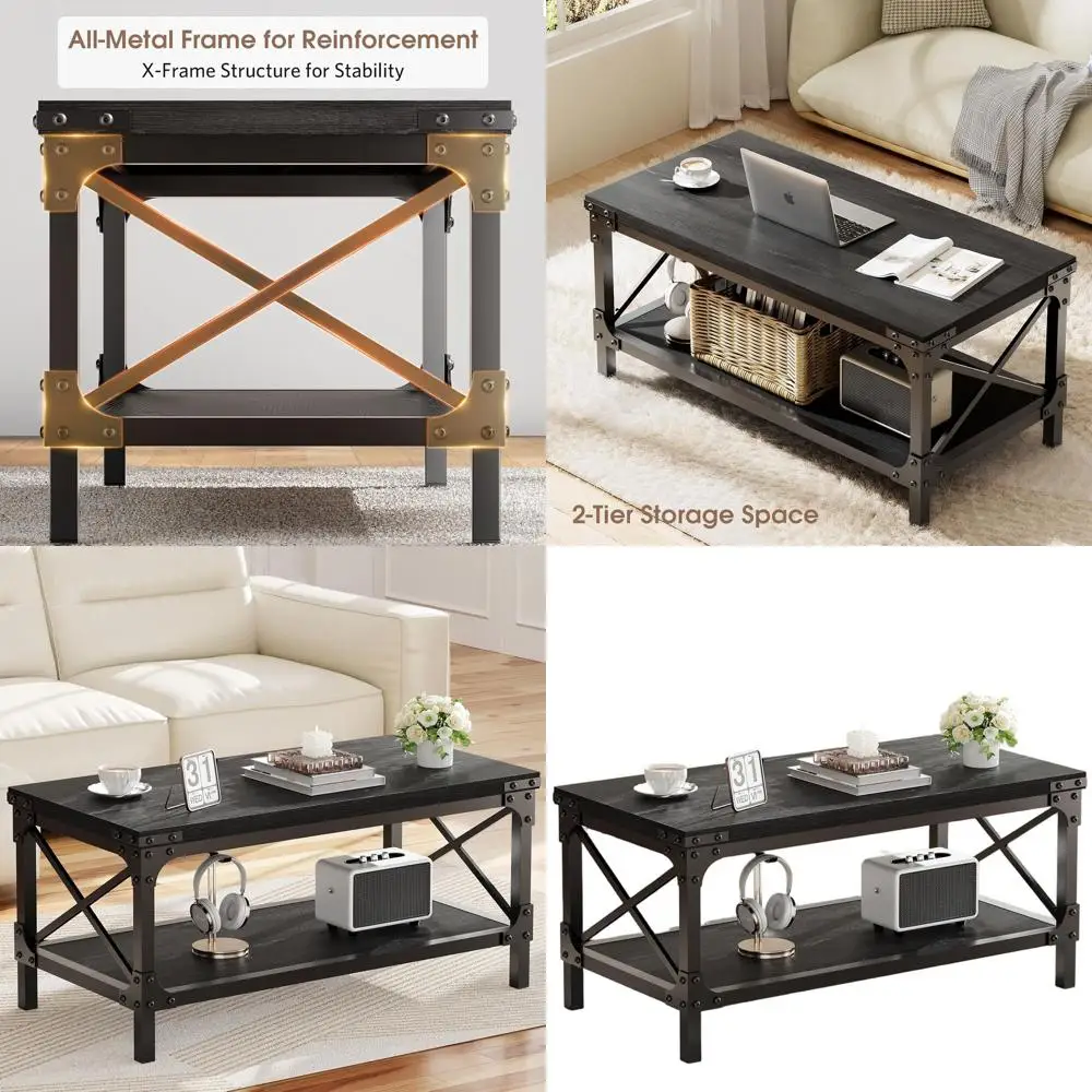 40-inch Black Industrial Style 2-Tier Wood Coffee Table with Metal Frame
40-inch Black Industrial Style 2-Tier Wood Coffee Table with Metal Frame