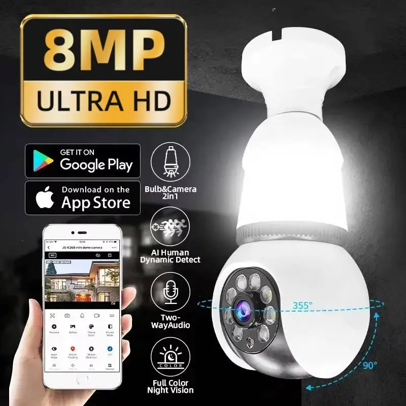 8MP E27 Bulb WiFi Camera 2 in1 LED Bulb Smart IP Camera Surveilance PTZ 8X Zoom Tracking Two-way Audio Night Vision Wireless Cam
8MP E27 Bulb WiFi Camera 2 in1 LED Bulb Smart IP Camera Surveilance PTZ 8X Zoom Tracking Two-way Audio Night Vision Wireless Cam
