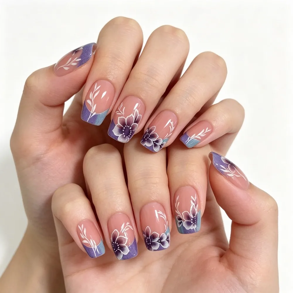 24pcs Floral Press On Nails Nude Base with Purple Flower & French Tip Short Square Reusable False Nail Tips for Girls Manicure
24pcs Floral Press On Nails Nude Base with Purple Flower & French Tip Short Square Reusable False Nail Tips for Girls Manicure
