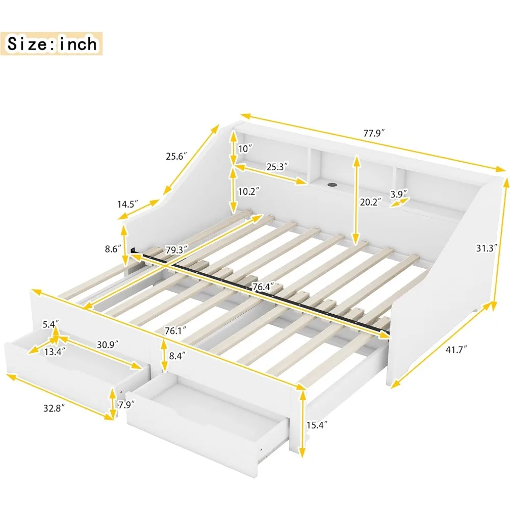 Modern Extendable Daybed Twin to King, Wood Twin Daybed with USB Charging and 2 Drawers, Twins Sofa Bed with Bookcases, White
Modern Extendable Daybed Twin to King, Wood Twin Daybed with USB Charging and 2 Drawers, Twins Sofa Bed with Bookcases, White