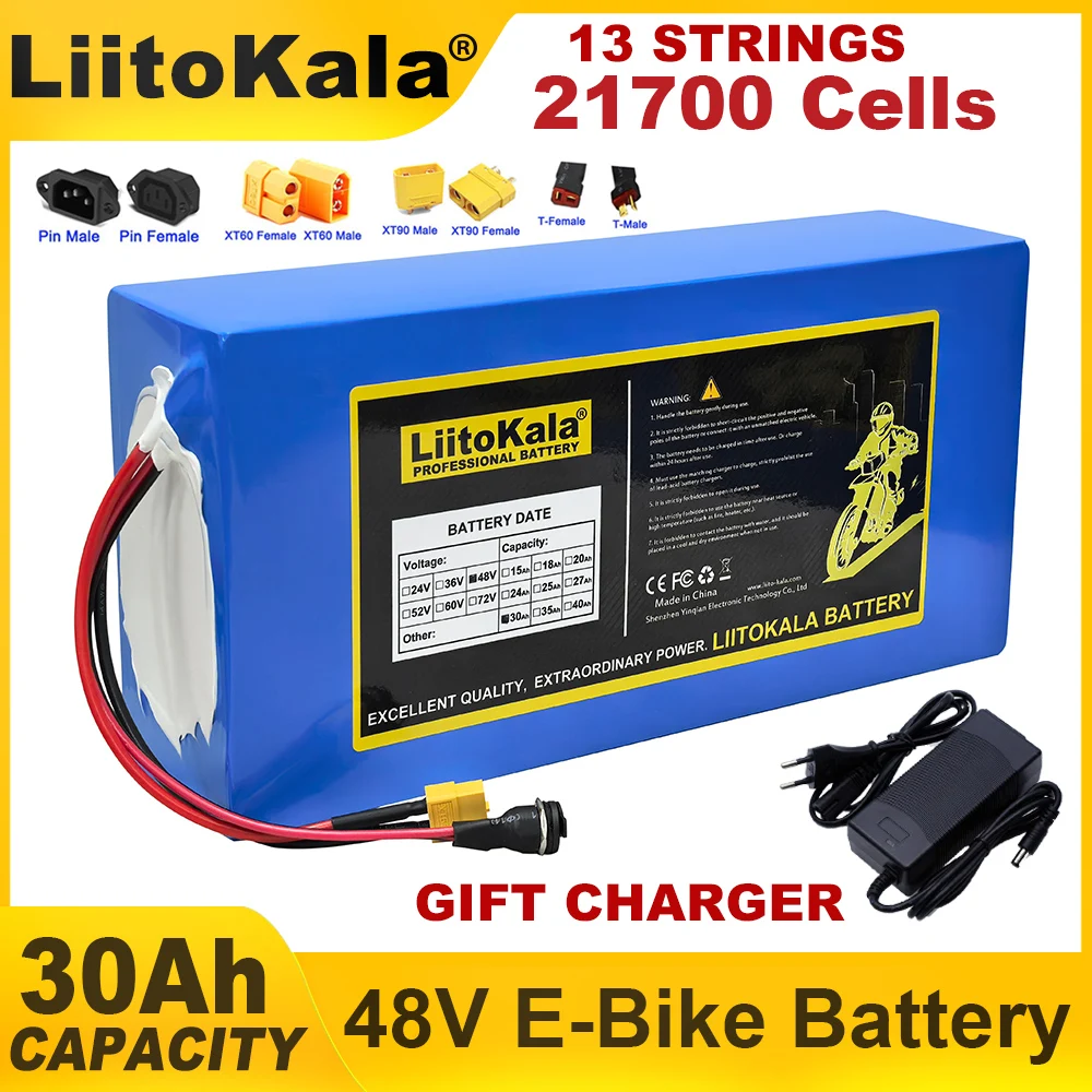 LiitoKala 48V 30Ah E-bike 13s6p 21700 Lithium Battery Pack 1200w 1440w Built in BMS For Electric Bike E-Scooter 54.6v 2A Charger
LiitoKala 48V 30Ah E-bike 13s6p 21700 Lithium Battery Pack 1200w 1440w Built in BMS For Electric Bike E-Scooter 54.6v 2A Charger