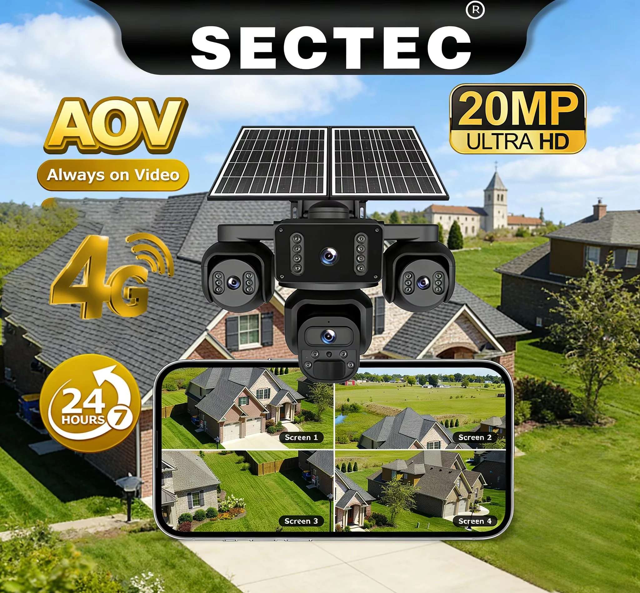 Sectec 20MP Solar Camera AOV 4G SIM Four Screen WIFI Wireless Outdoor Security PTZ Camera 7/24 Hour Video Recording OKAM Pro App
Sectec 20MP Solar Camera AOV 4G SIM Four Screen WIFI Wireless Outdoor Security PTZ Camera 7/24 Hour Video Recording OKAM Pro App