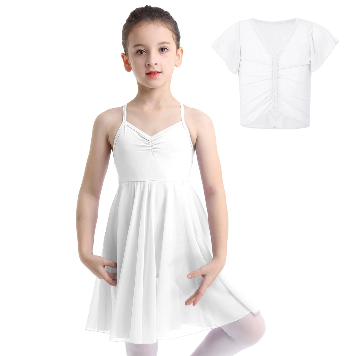 Kids Girls Ballet Dress Spaghetti Strap Crisscross Back Chiffon Dance Dress+Ruffled Sleeves Ruched Sheer Mesh Crop Top Shirt Set
Kids Girls Ballet Dress Spaghetti Strap Crisscross Back Chiffon Dance Dress+Ruffled Sleeves Ruched Sheer Mesh Crop Top Shirt Set