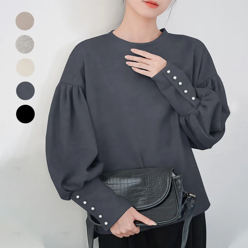 Loose Pearl Button Lantern Sleeve Asymmetrical Sweatshirt Women's Spring Autumn Korean Style round Neck Cotton Polyester Blend
Loose Pearl Button Lantern Sleeve Asymmetrical Sweatshirt Women's Spring Autumn Korean Style round Neck Cotton Polyester Blend
