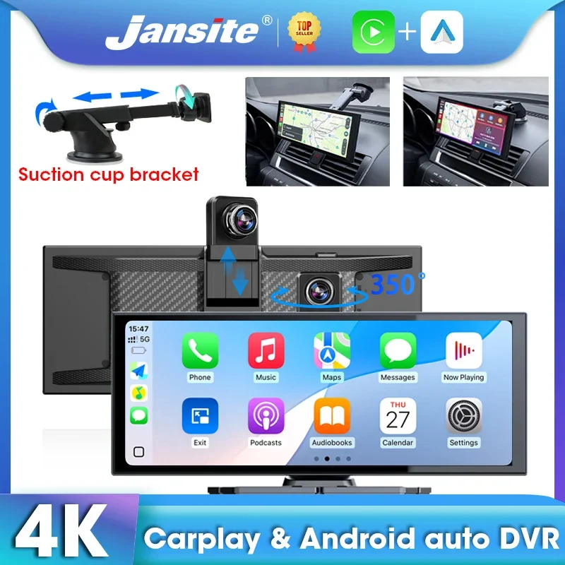 11.26 inch CarPlay Monitor Car DVR 4K Dash cam Rotation Front Camera Recoder Android Auto Dual Lens BT With Suction cup Bracket