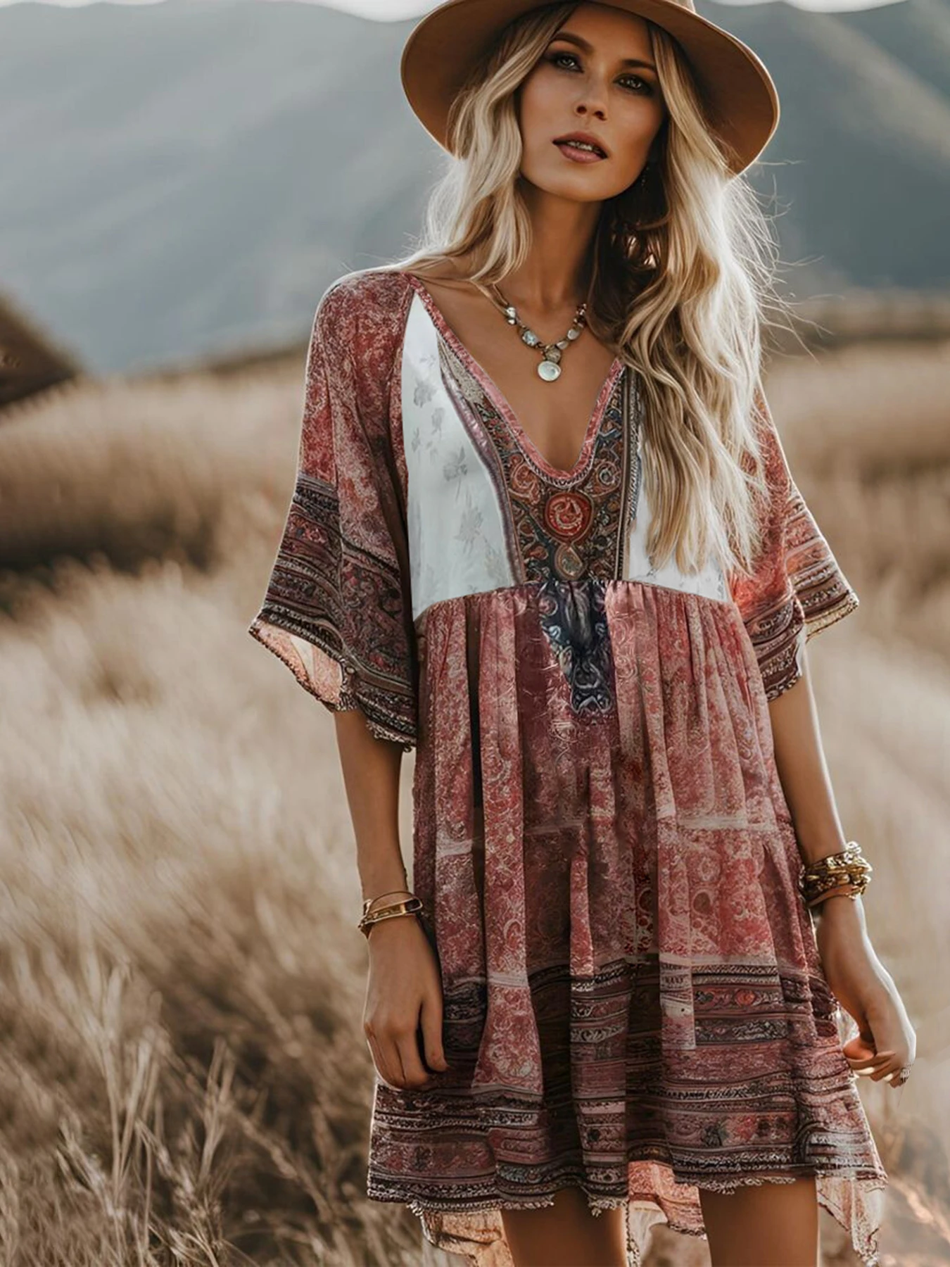 2025 V-Neck Short Sleeve Floral Printed Sundress Women Summer Bohemian Dress Vintage Loose Elegant Casual Holiday Beach Robe
2025 V-Neck Short Sleeve Floral Printed Sundress Women Summer Bohemian Dress Vintage Loose Elegant Casual Holiday Beach Robe