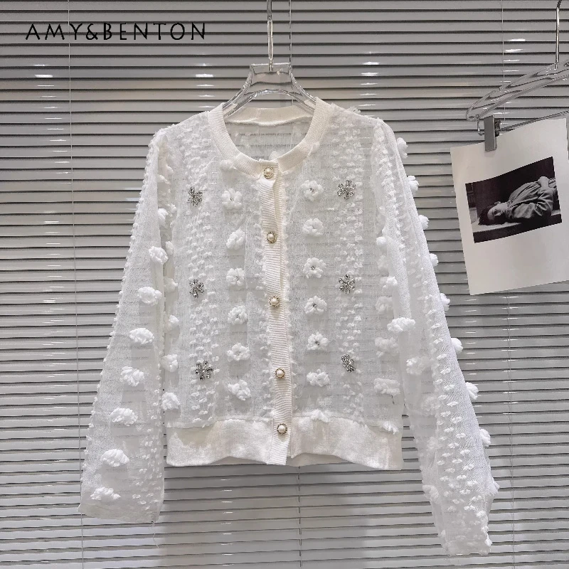 2025 New Arrival Women‘s White Sheer Cardigan Floral Pearl Button Rhinestone Decor Elegant Long Sleeve Loose Sweet Jacket Ladies
2025 New Arrival Women‘s White Sheer Cardigan Floral Pearl Button Rhinestone Decor Elegant Long Sleeve Loose Sweet Jacket Ladies