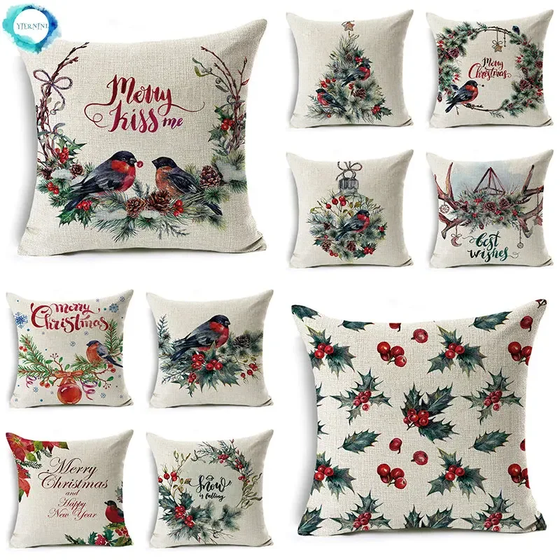 

45*45CM Merry Christmas Cushion Cover Birds Garland Pillowcase Single Sided Print Polyester Sofa Pillow Case For Home Xmas Decor