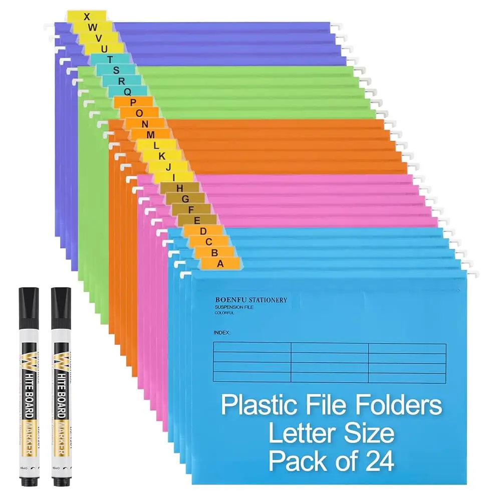 Hanging File Folders Letter Size 24 Pack Colored Plastic File Folders with Adjustable Tabs, 2 Markers, Hanging Organizer Fil
Hanging File Folders Letter Size 24 Pack Colored Plastic File Folders with Adjustable Tabs, 2 Markers, Hanging Organizer Fil
