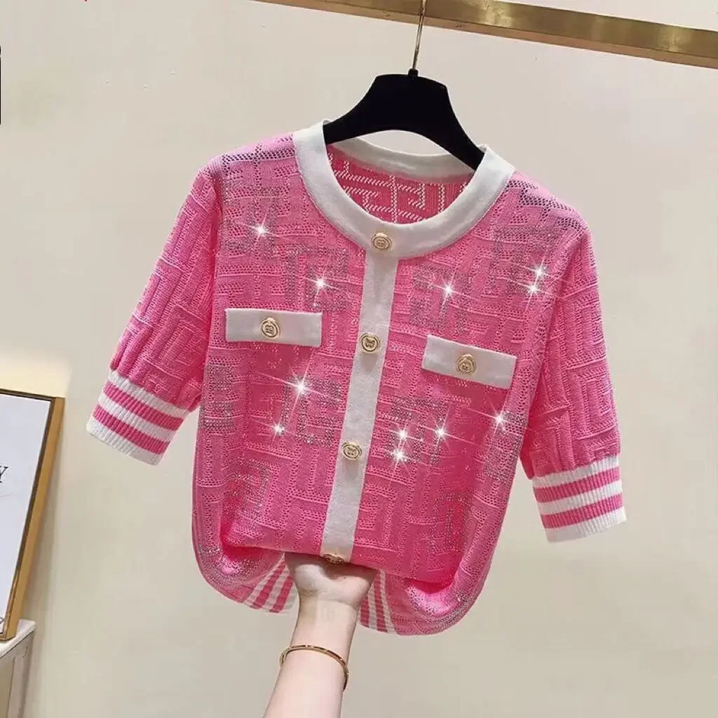 Luxury High-end Shiny Diamond Ice Silk T-shirt Summer Women's Clothing Thin Tops Button Knit Tees Short Sleeve Striped Outerwear
Luxury High-end Shiny Diamond Ice Silk T-shirt Summer Women's Clothing Thin Tops Button Knit Tees Short Sleeve Striped Outerwear