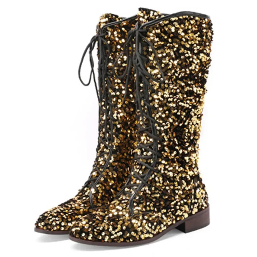 Sparkling Sequin Material Novelty Women's Knee Length Boots Cross Lace Side Zipper Shiny Color Changing Unique Boots
Sparkling Sequin Material Novelty Women's Knee Length Boots Cross Lace Side Zipper Shiny Color Changing Unique Boots