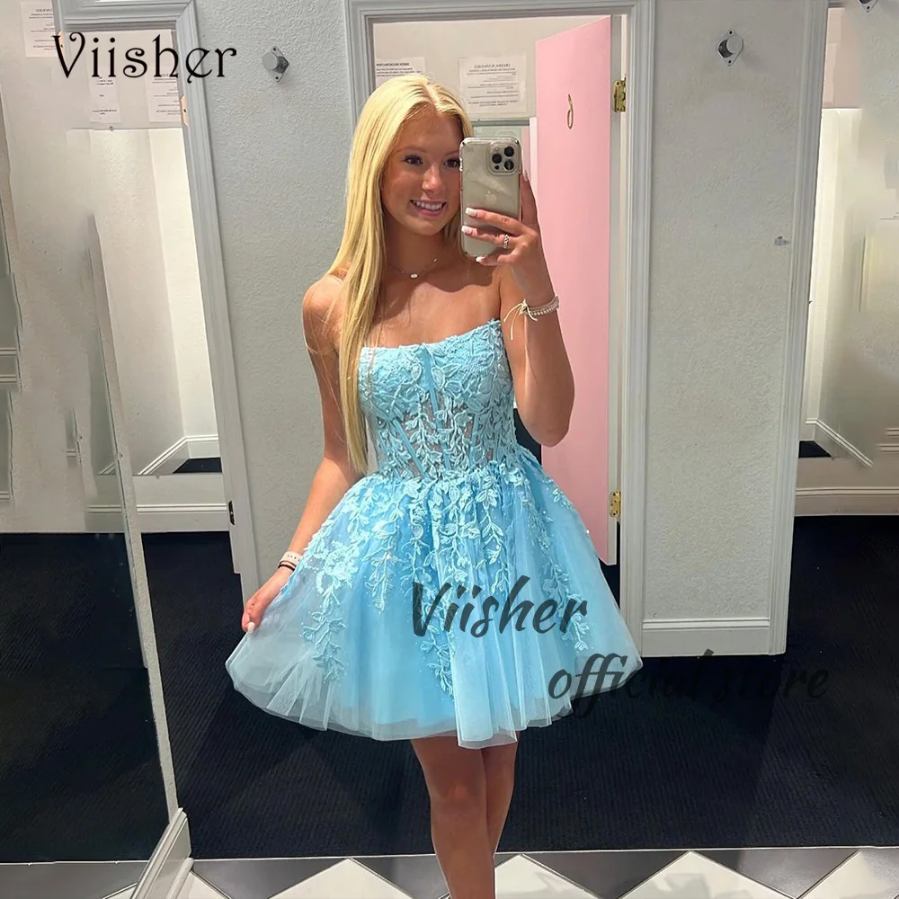 Viisher Blue Lace Appliques Tulle Short Homecoming Dresses for Teens Corset Strapless A Line Prom Party Dress Above Knee
Viisher Blue Lace Appliques Tulle Short Homecoming Dresses for Teens Corset Strapless A Line Prom Party Dress Above Knee