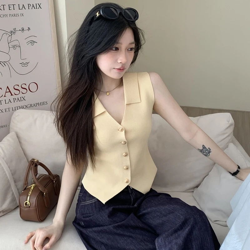 French Vest Temperament V-neck Single Breasted Sleeveless Slim Knitted Vest For Women Summer Chic Thin Slims Shoulder Vest 
French Vest Temperament V-neck Single Breasted Sleeveless Slim Knitted Vest For Women Summer Chic Thin Slims Shoulder Vest