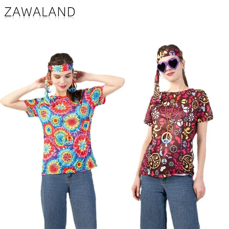60s 70s Hippie Retro Short Sleeve Top Cosplay Tie-Dye Print Costume Peace Sign Tees with Headwear Woman Party Performance Clothe
60s 70s Hippie Retro Short Sleeve Top Cosplay Tie-Dye Print Costume Peace Sign Tees with Headwear Woman Party Performance Clothe