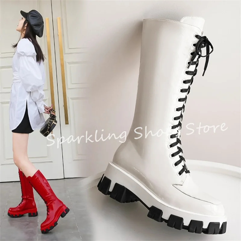 Fashion Platform Chunky Heel Women Mid-Calf Boots Mixed Coloe Leather Shoes Ladies Lace-Up Height Increasing Long Boots
Fashion Platform Chunky Heel Women Mid-Calf Boots Mixed Coloe Leather Shoes Ladies Lace-Up Height Increasing Long Boots