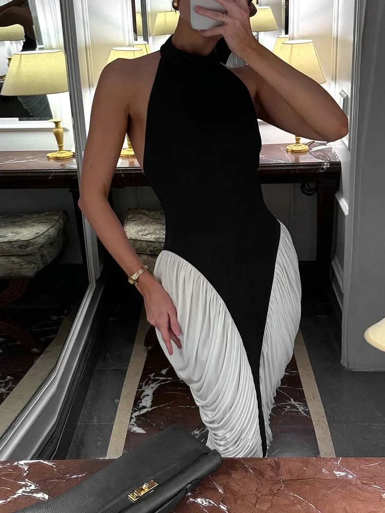 BluWin Patchwork Halter Backless Sexy Midi Dress Women Gown Elegant Fashion Contrast Color Sleeveless Pleated Party Dress Female
BluWin Patchwork Halter Backless Sexy Midi Dress Women Gown Elegant Fashion Contrast Color Sleeveless Pleated Party Dress Female