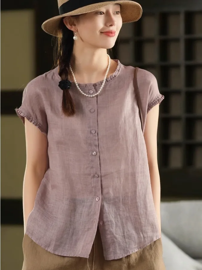 Summer Cotton Linen Thin irt ort Sve Single Button Ele Quali Women's Faion Small Size Wooden Sound
Summer Cotton Linen Thin irt ort Sve Single Button Ele Quali Women's Faion Small Size Wooden Sound