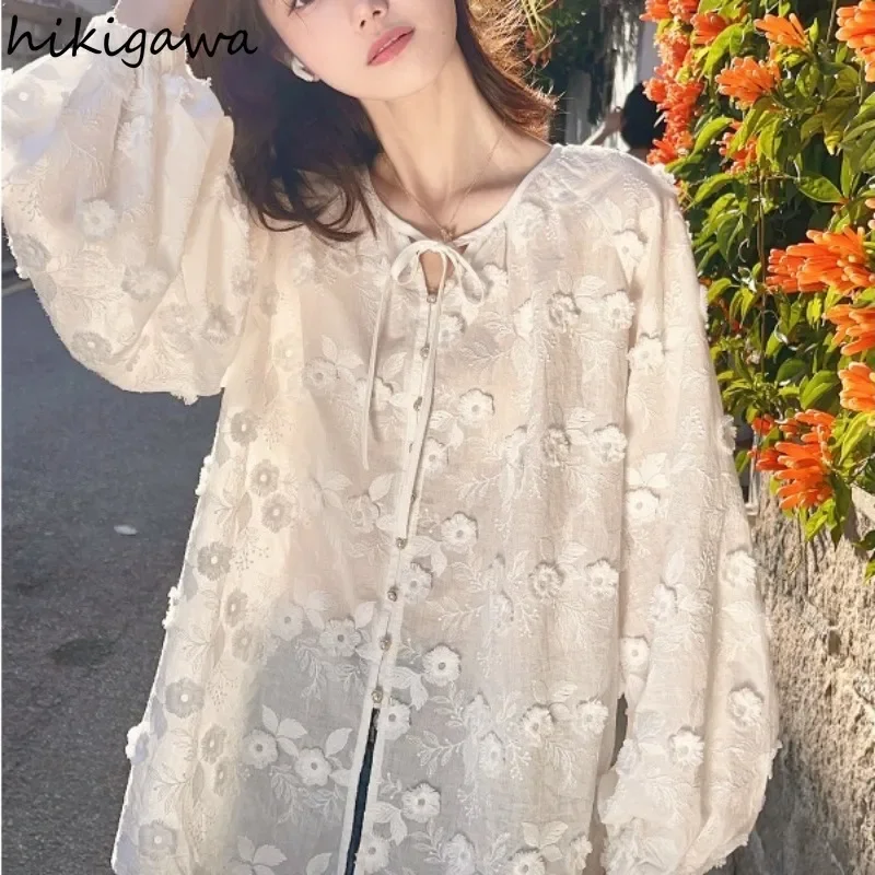 Summer Camisas De Mujer 2025 Bandage O-neck Long Sleeve Blouse Women Clothing Loose Floral Sweet Tops See Through Korean Blouses
Summer Camisas De Mujer 2025 Bandage O-neck Long Sleeve Blouse Women Clothing Loose Floral Sweet Tops See Through Korean Blouses