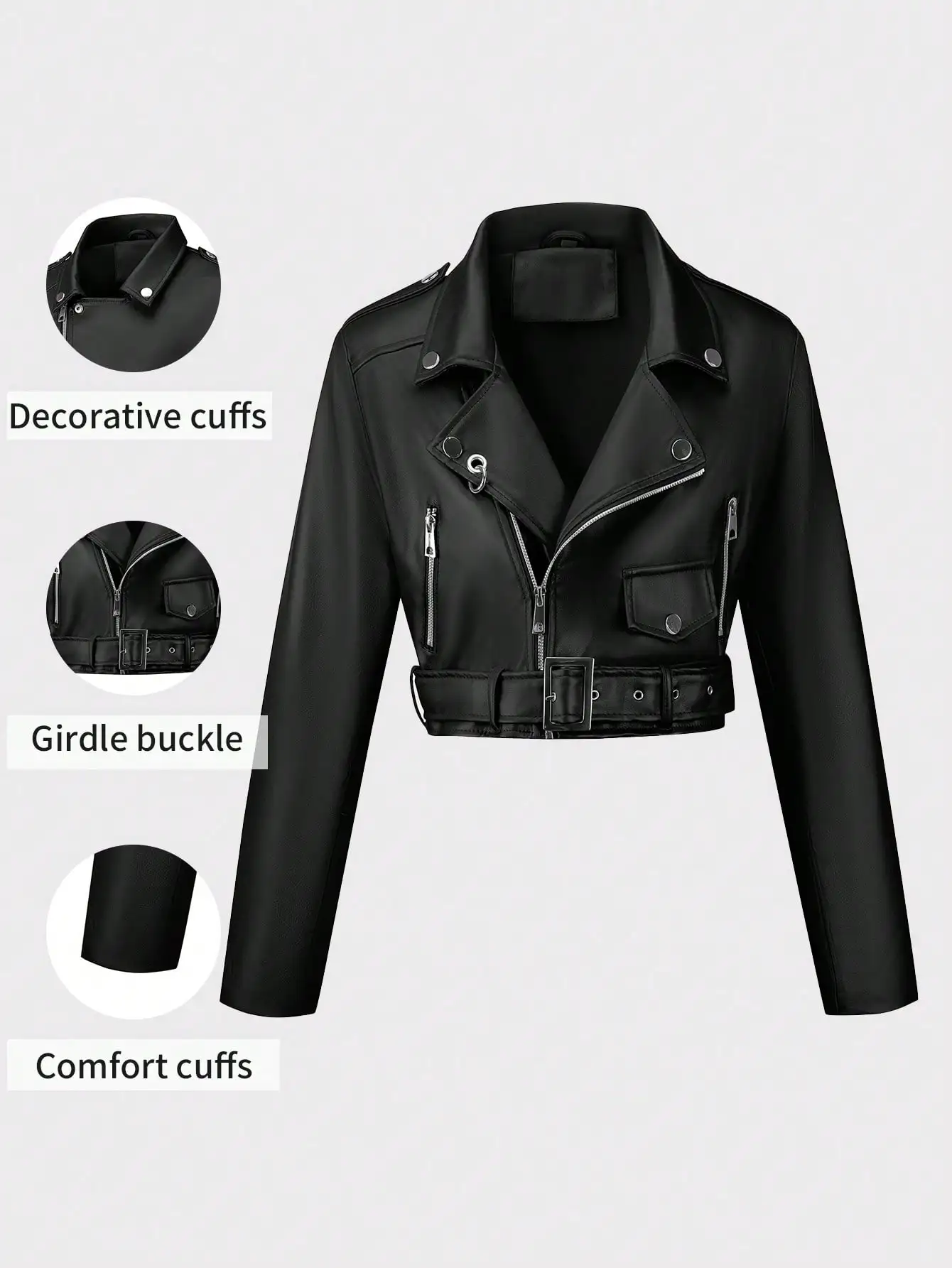 Women's Faux Leather Cropped Biker Jacket with Asymmetric Zip & Adjustable Belt for Street Style
Women's Faux Leather Cropped Biker Jacket with Asymmetric Zip & Adjustable Belt for Street Style
