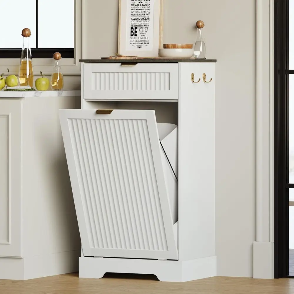 White Wooden Hidden Trash Cabinet with Drawers and Hooks for Kitchen or Living Room
White Wooden Hidden Trash Cabinet with Drawers and Hooks for Kitchen or Living Room